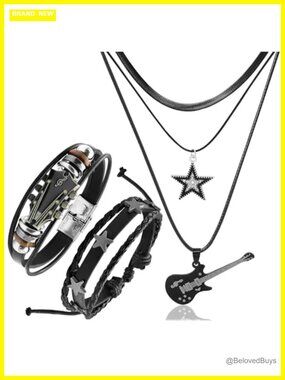 3 Pc Faux Leather Guitar Star Charm Necklace Bracelet Set Y2K Punk